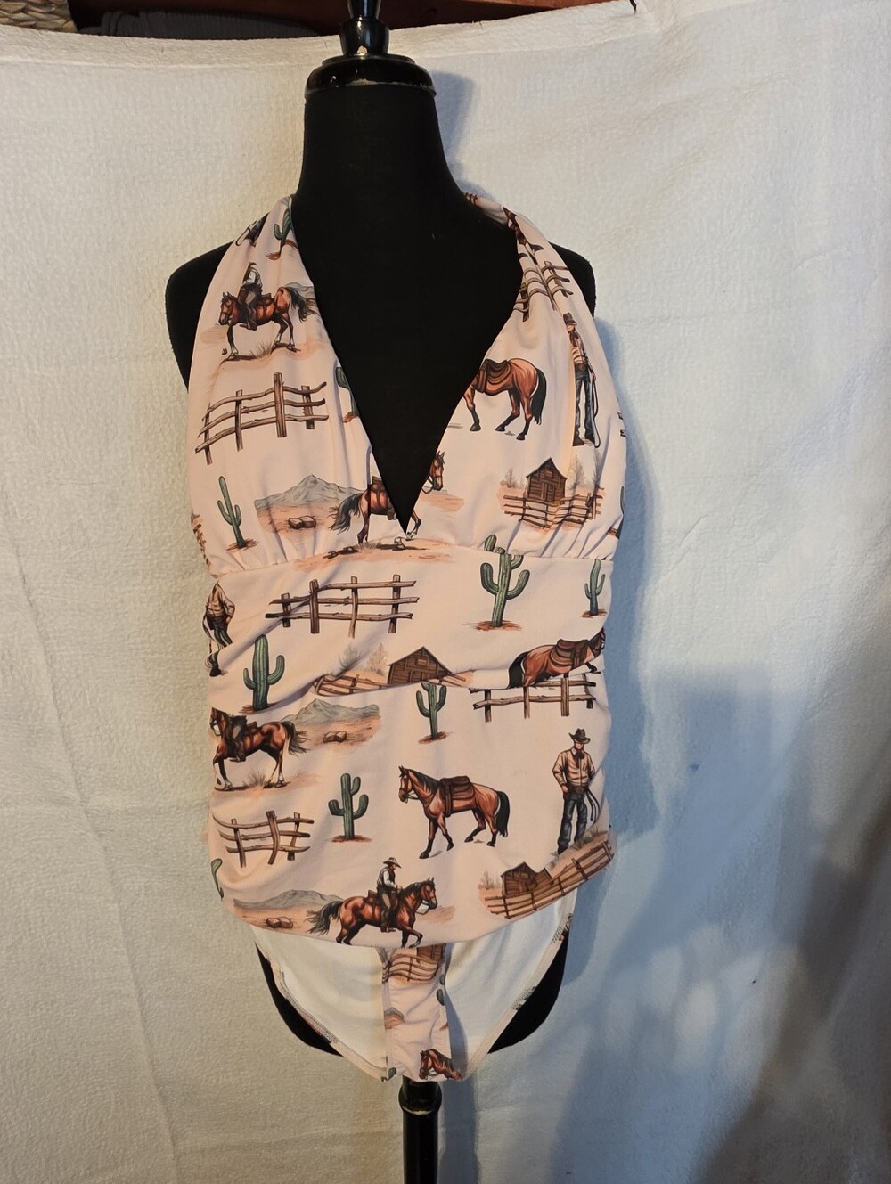 Women's Pink Western-Print Halter Tank Top One Piece Bathing Suit Xl